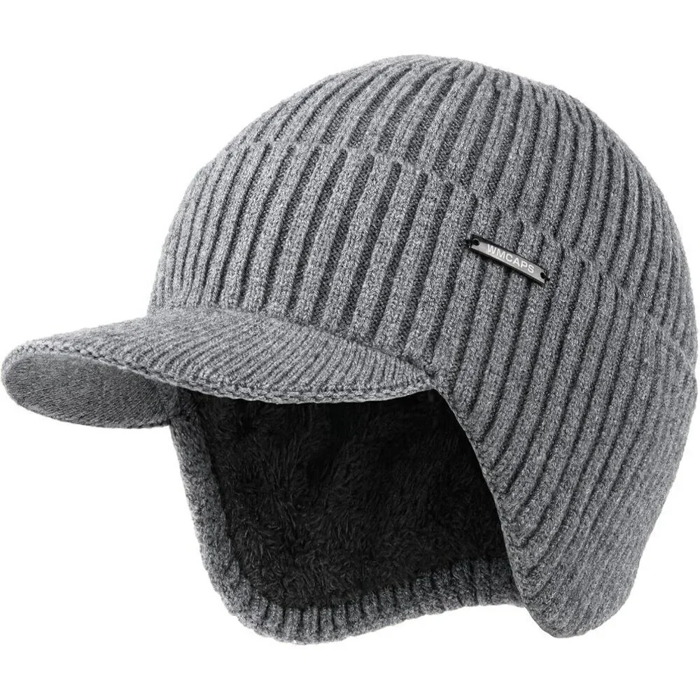Men's Grey Winter Beanie Brim And Ear Flaps Outdoor Warm Fleece Lined Knit Hat